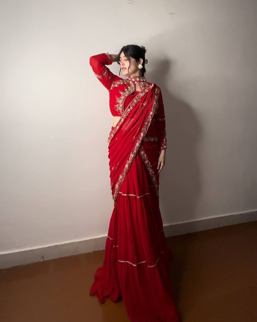 Red Georgette Stitched Lehenga Saree