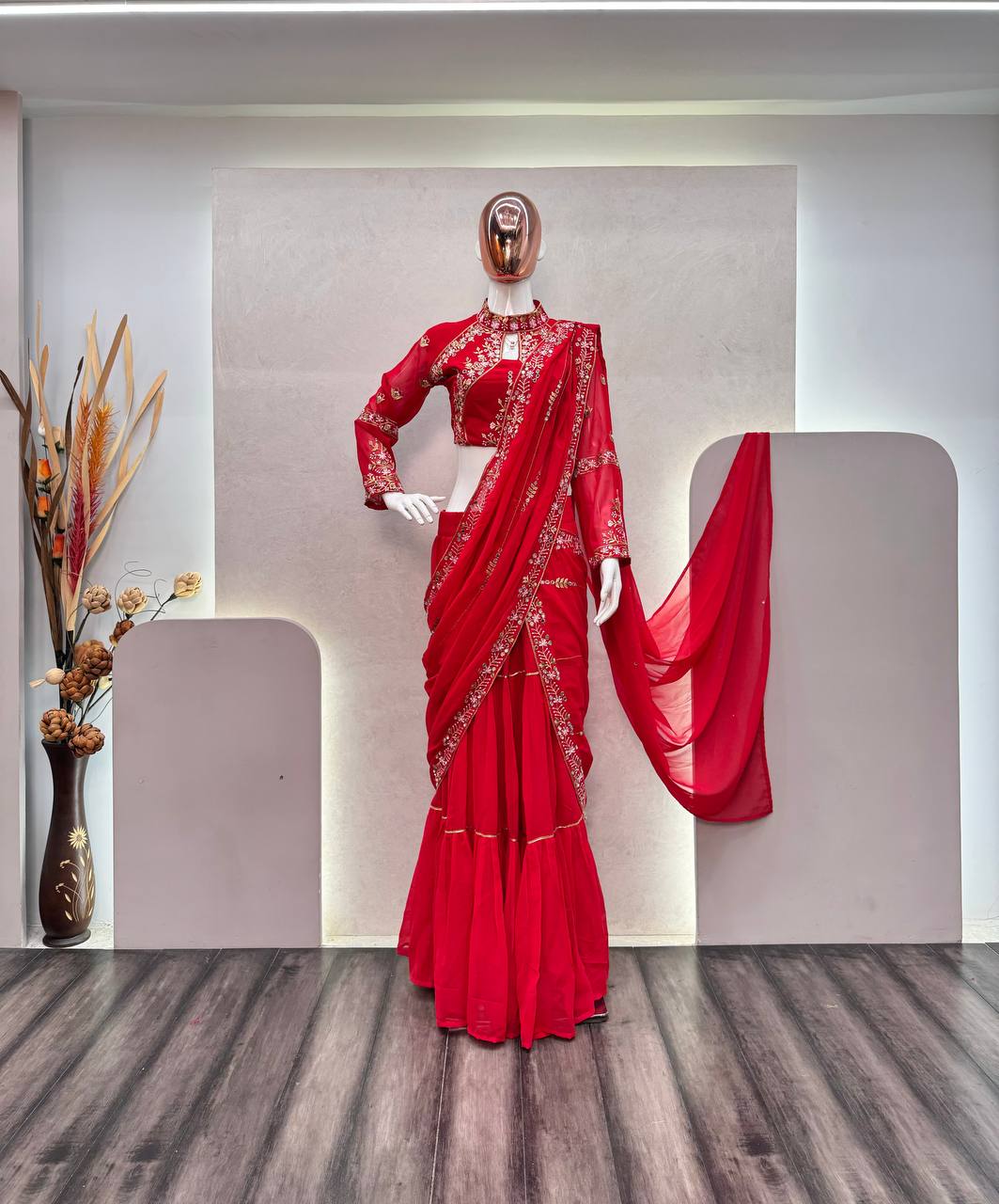 Red Georgette Stitched Lehenga Saree