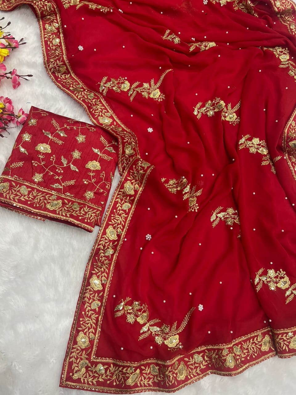 Red Georgette Jari Embroidered Saree Blouse