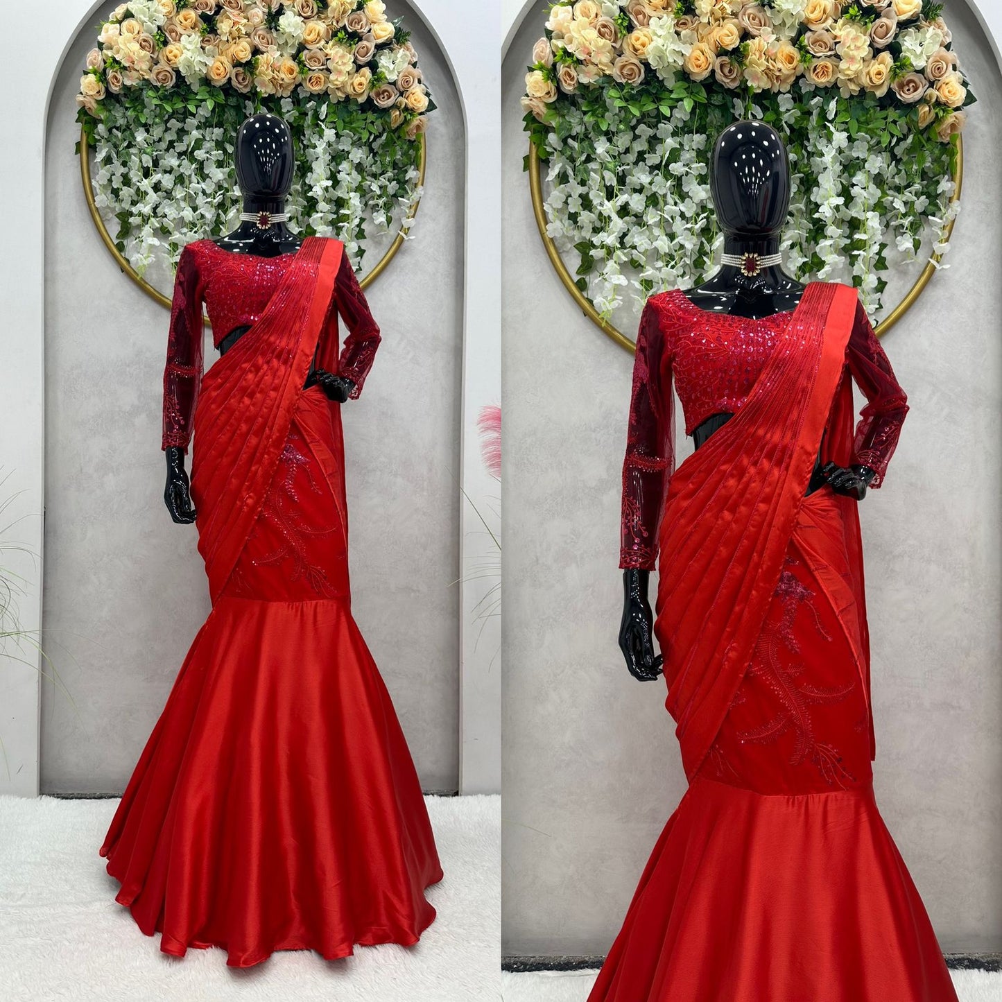 Red Color Satin Silk Embroidered Designer Saree