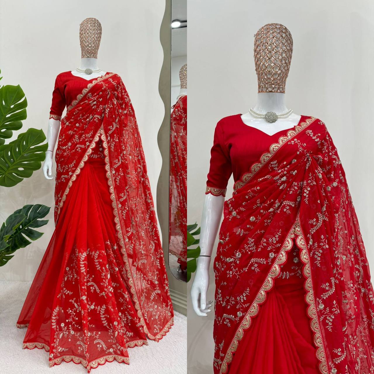 Lovely Red Color Tuby Silk Sequence Work Saree