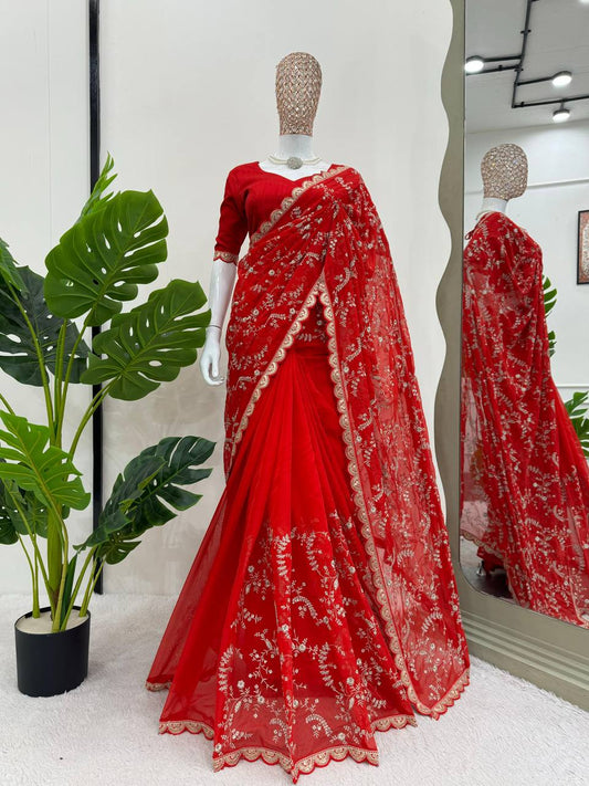 Lovely Red Color Tuby Silk Sequence Work Saree