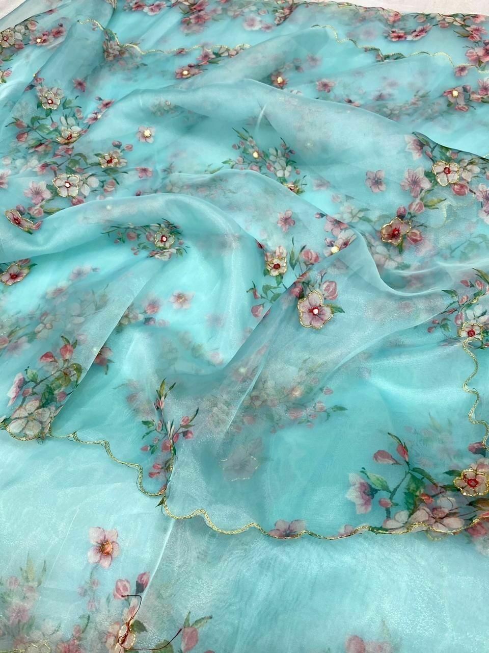 Wedding Wear Organza Silk Print & Hand Work Saree Blouse
