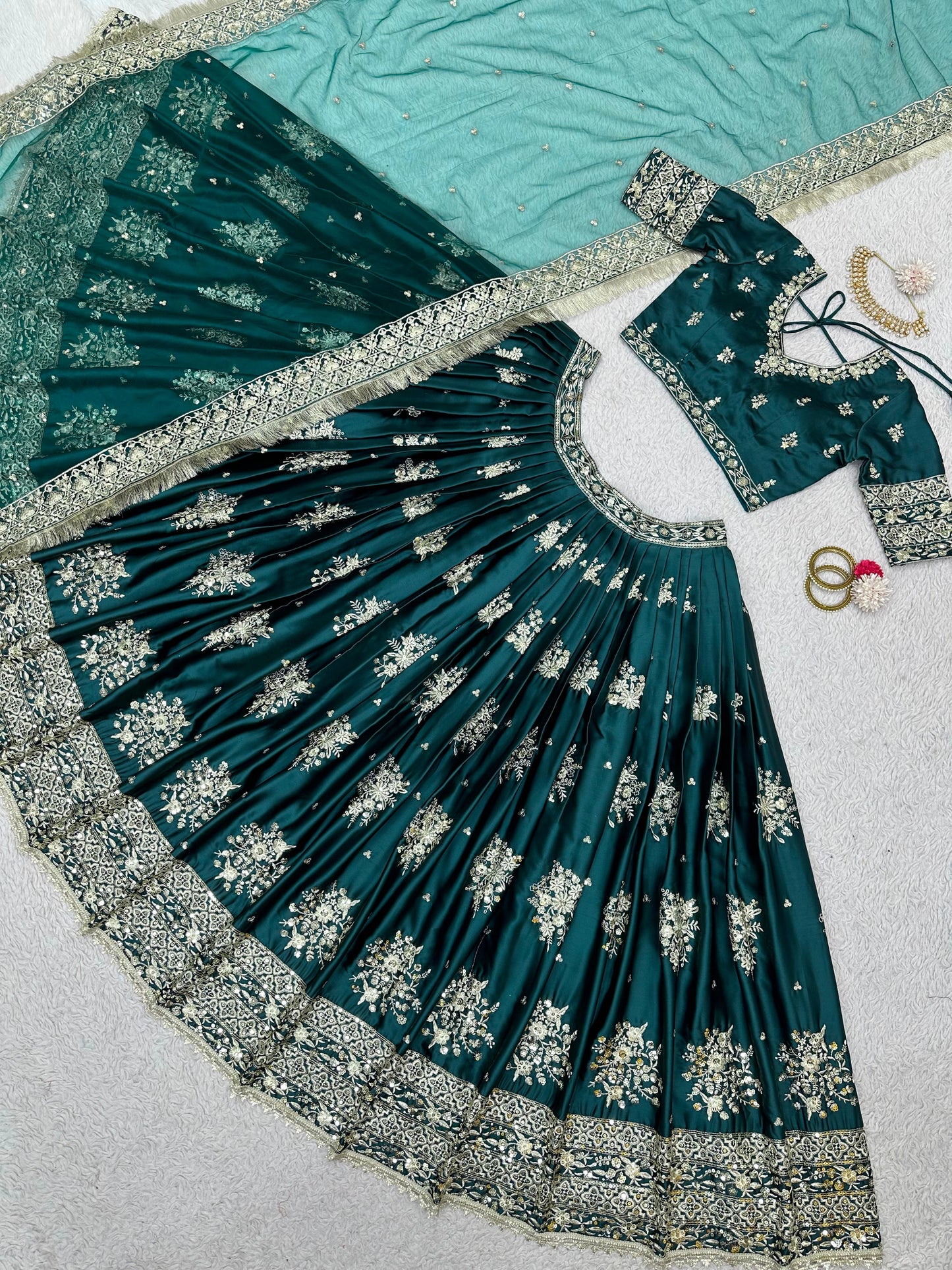 Rama Color Satin Silk Thread Sequence Embroidered Lehenga Choli