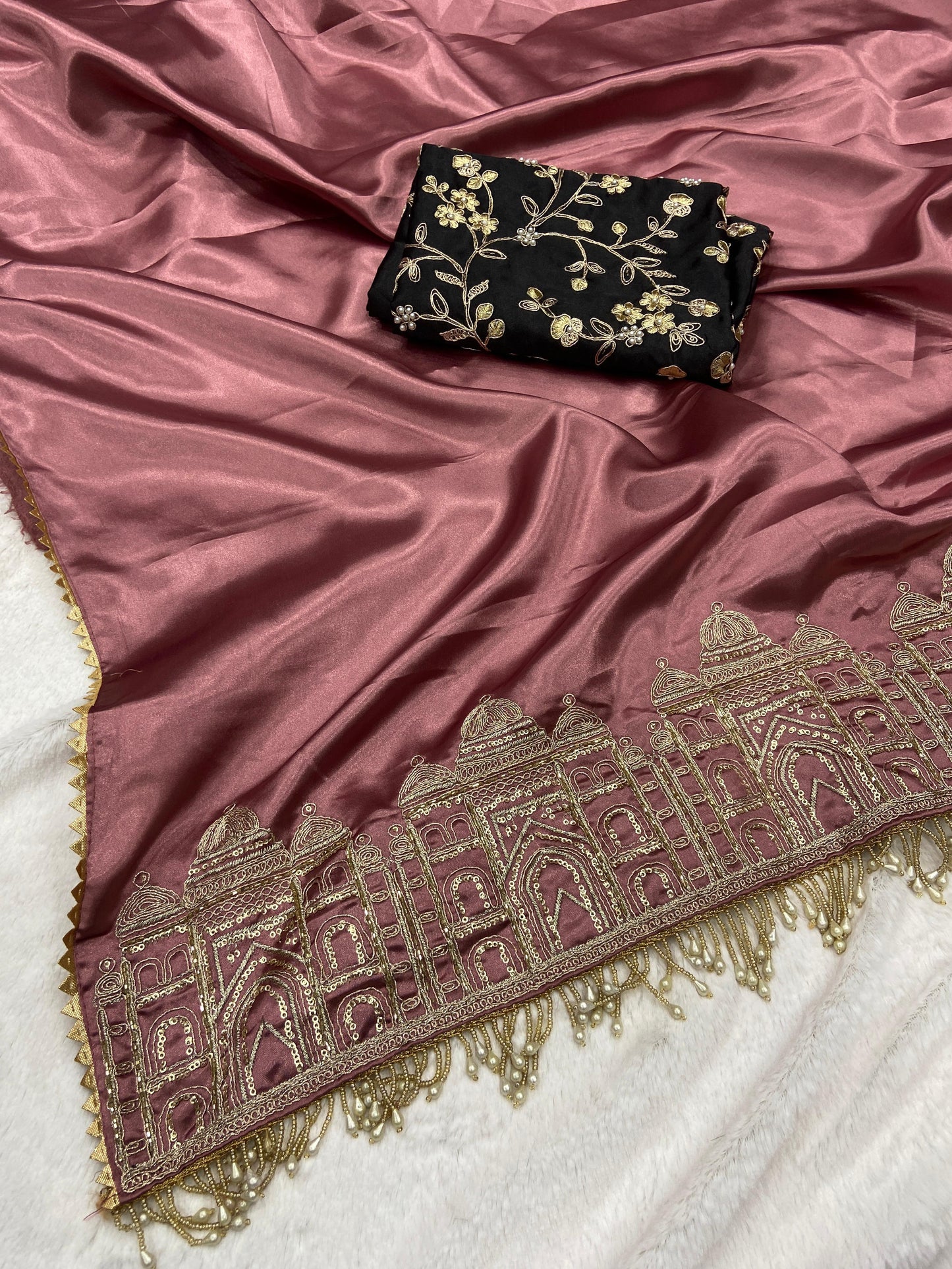 Party Wear Smooth Satin Silk Handwork Designer Saree