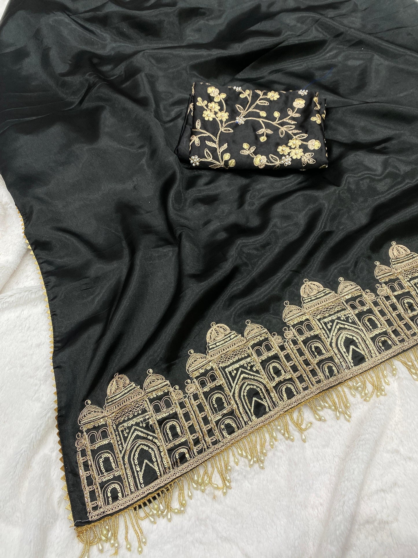 Wedding Wear Smooth Satin Silk Handwork Designer Saree