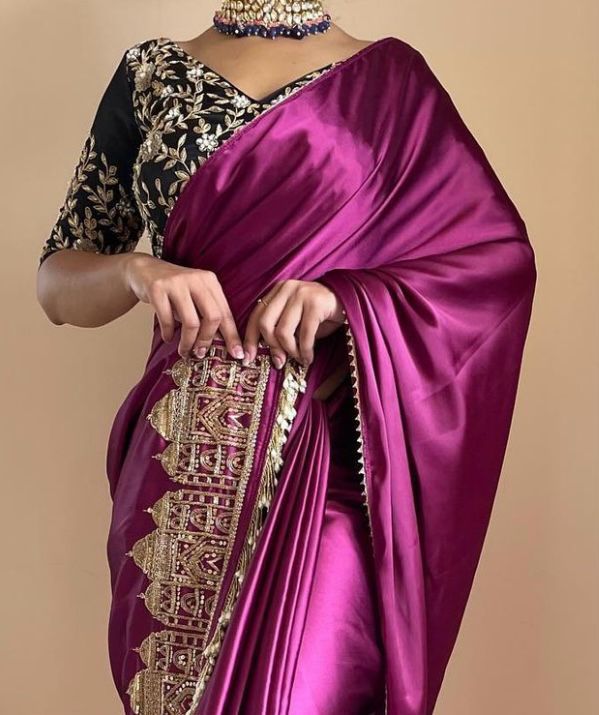 Wine Color Smooth Satin Silk Handwork Designer Saree
