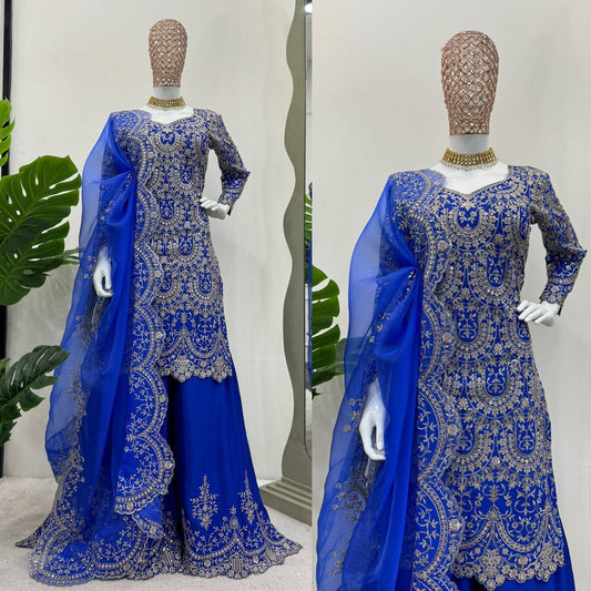 Royal Blue Silk Fully Stitched Sequence Work Plazo Sharara Suit