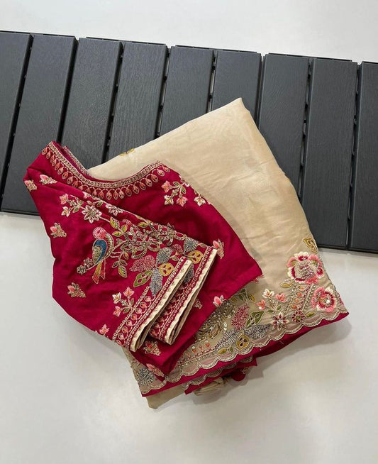 Wedding Wear Soft Silk Mutly Thread Embroidery & Cut Work Border Sari