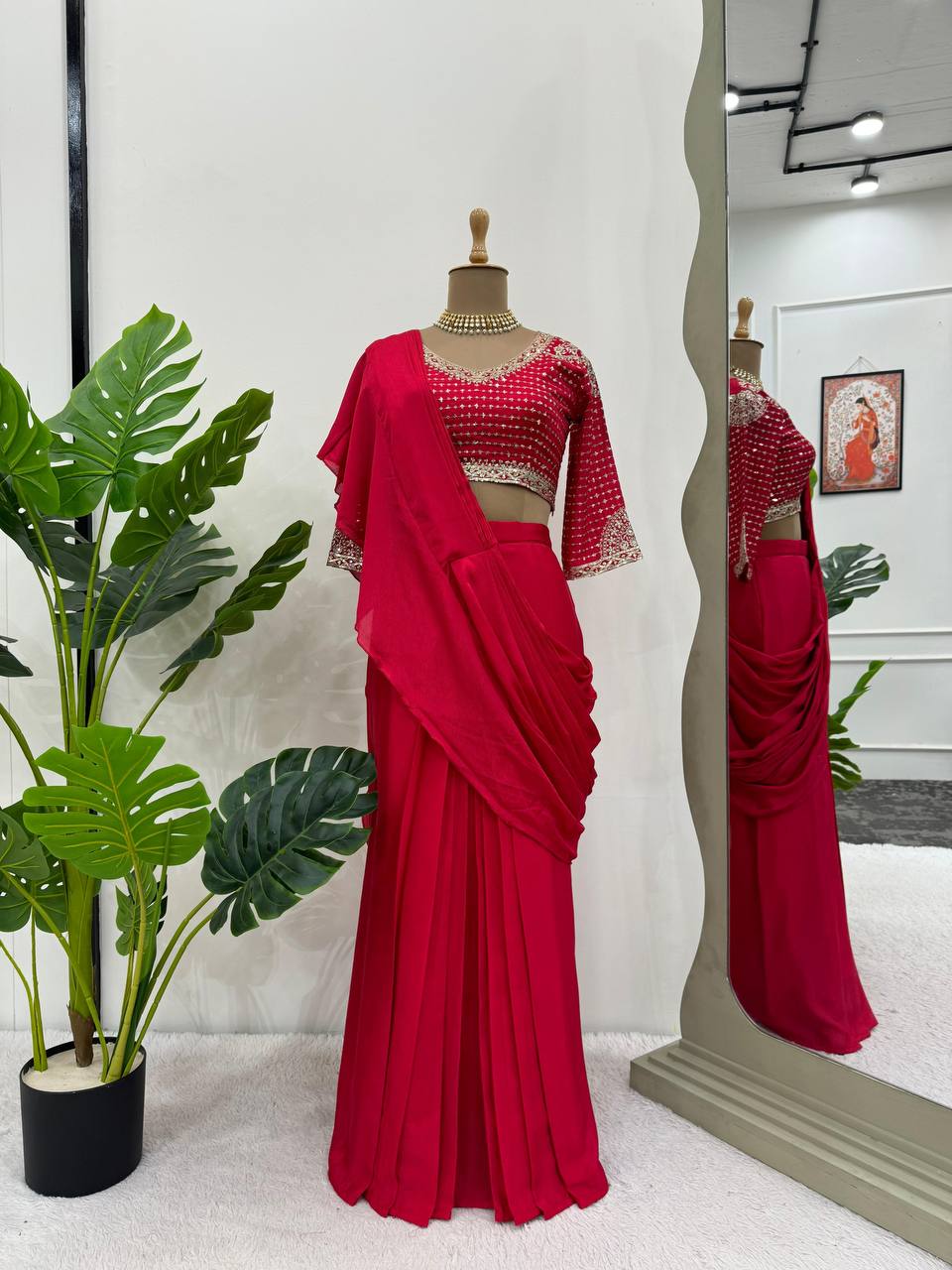 1 Min Ready to Wear Pre Draped Chinon Silk Party Wear Saree