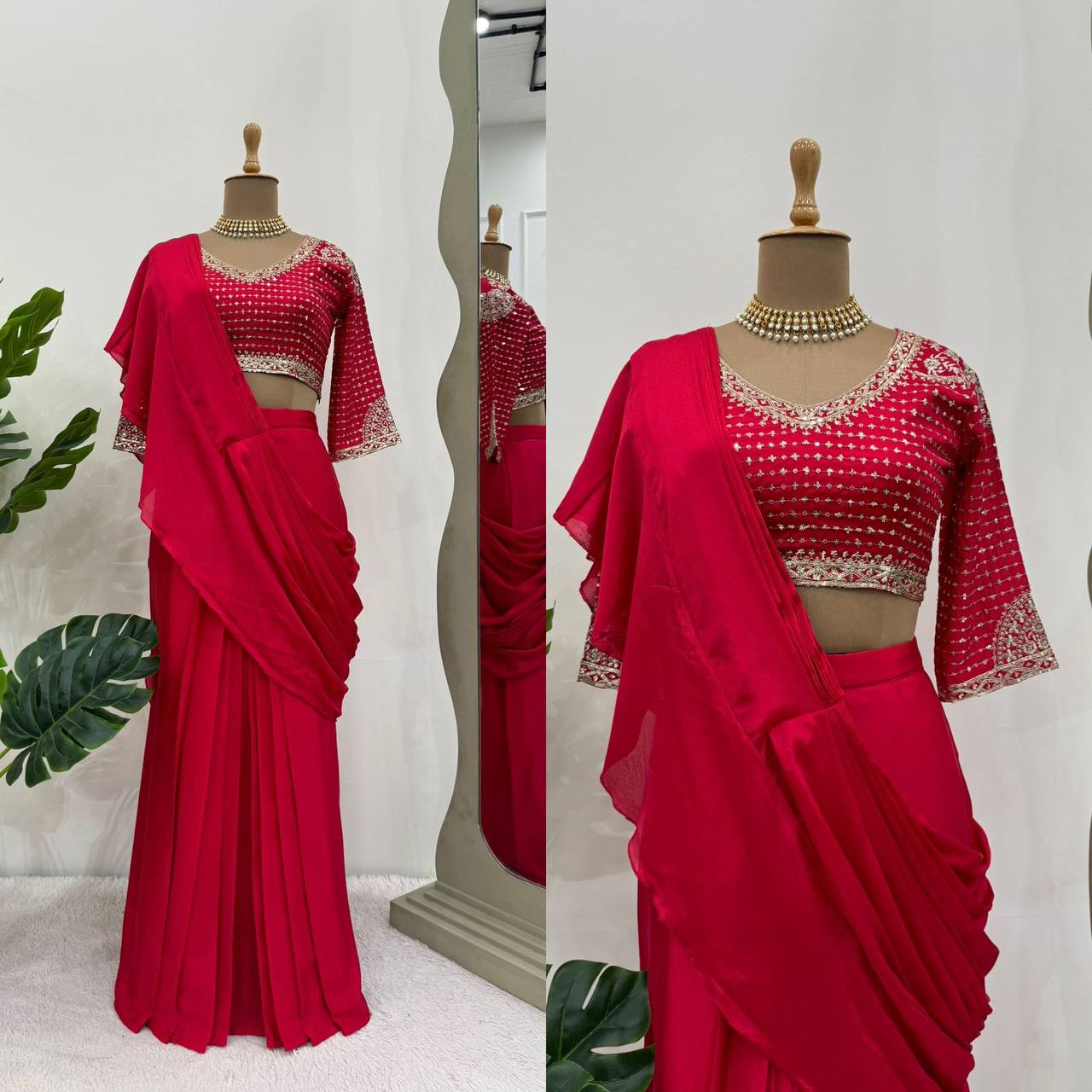 1 Min Ready to Wear Pre Draped Chinon Silk Party Wear Saree