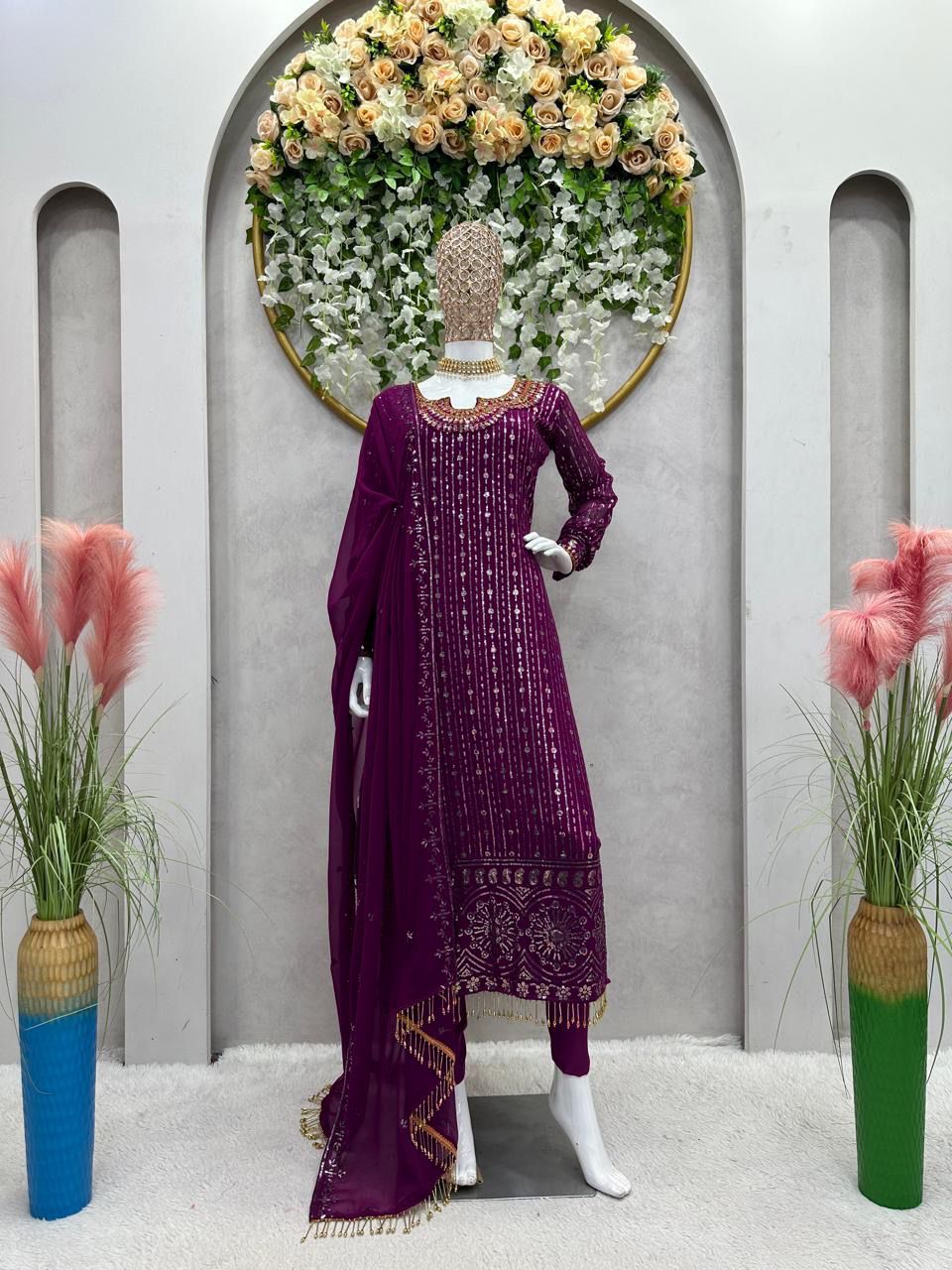 Wine Color Georgette Heavy Work Full Stitched Salwar Suit