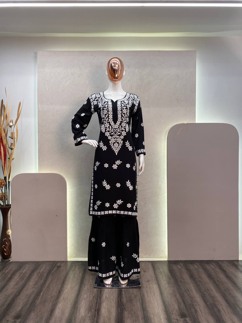 Black Color Cotton Thread Work Sharara Suit