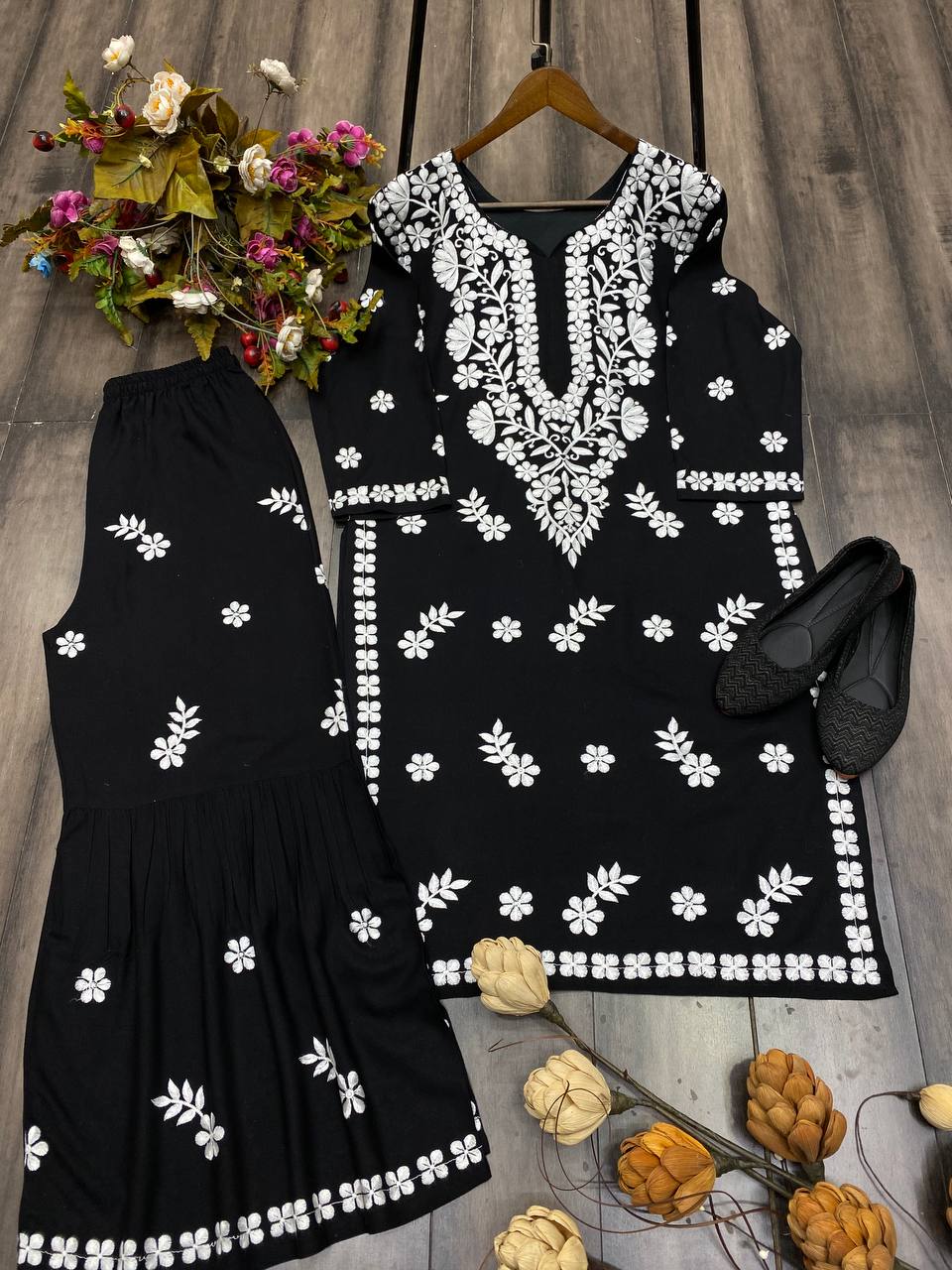 Black Color Cotton Thread Work Sharara Suit