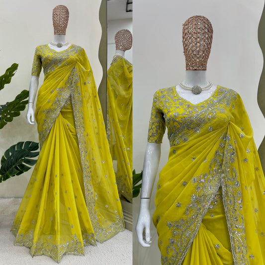 Wedding Wear Lemon Yellow Tubby Silk Heavy Border Work Saree Blouse