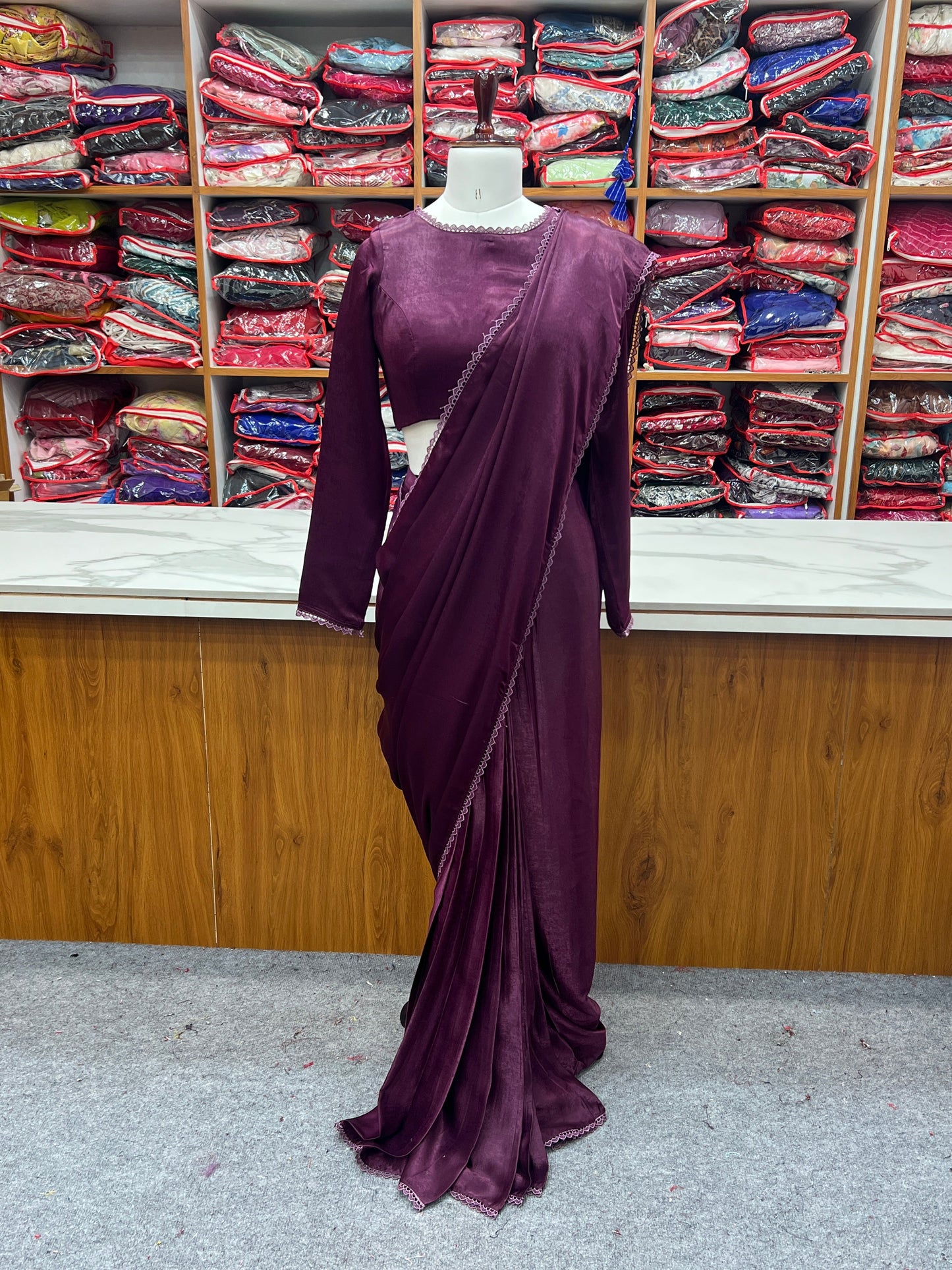 Wine Color Premiume Marble Velvet 1 Min Ready To Wear Saree