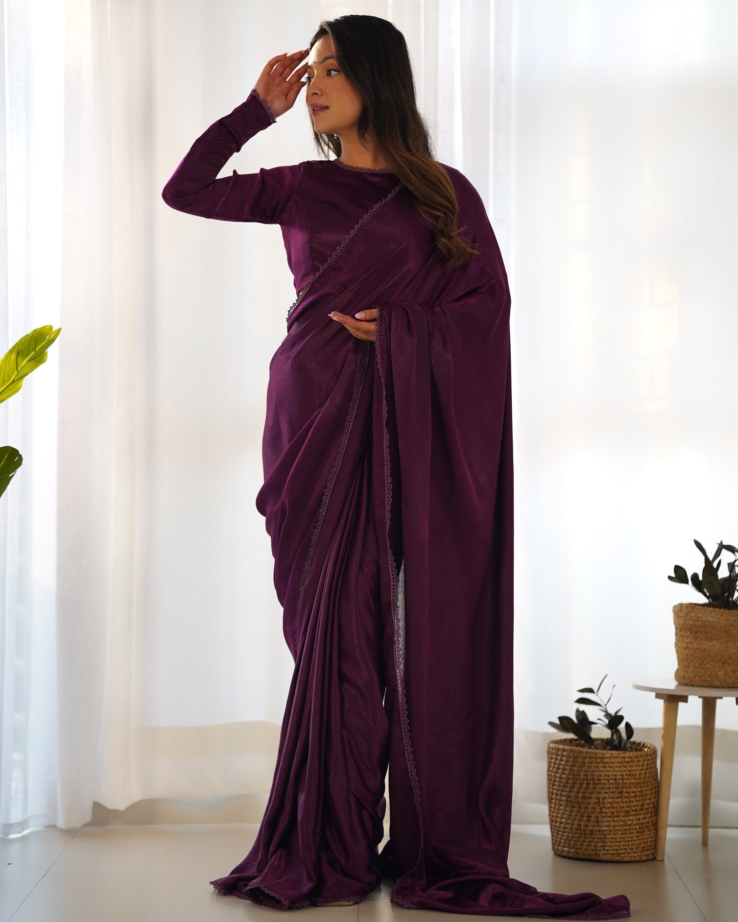 Wine Color Premiume Marble Velvet 1 Min Ready To Wear Saree