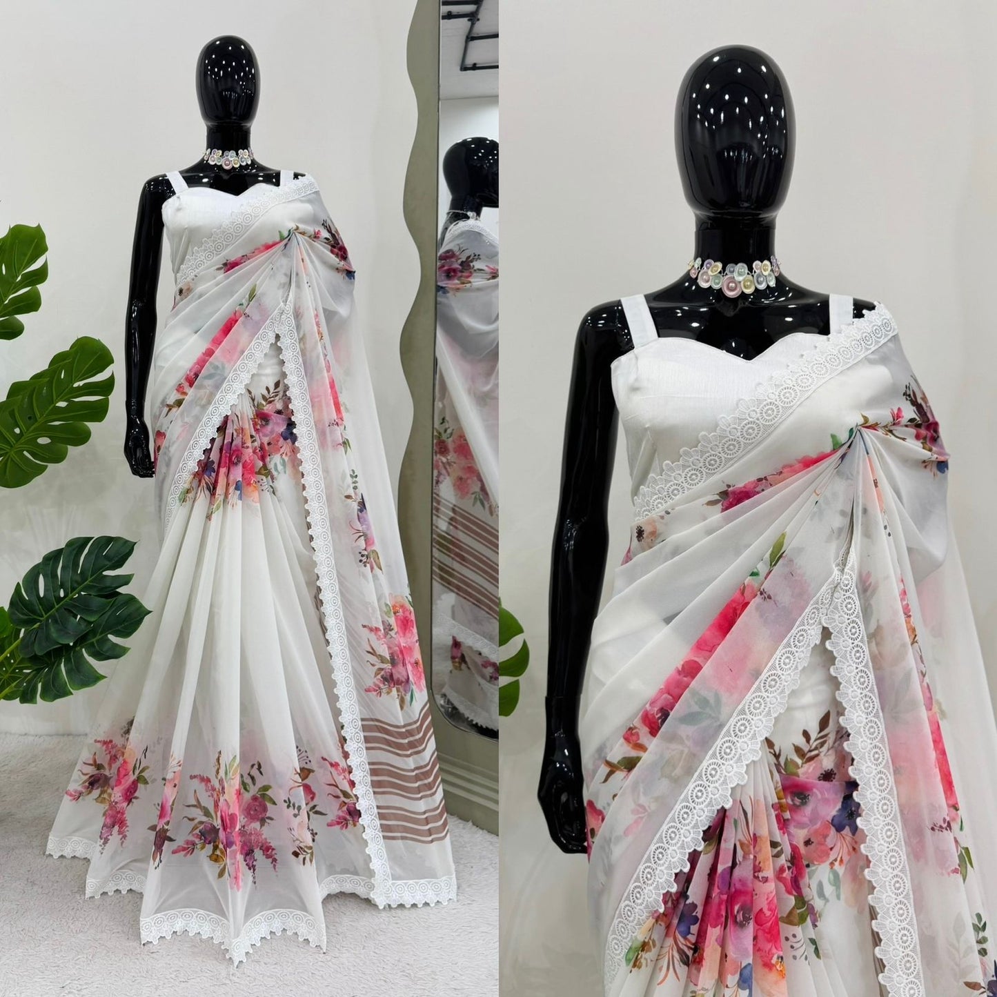 White Flower Print Georgette Saree With Lace Border