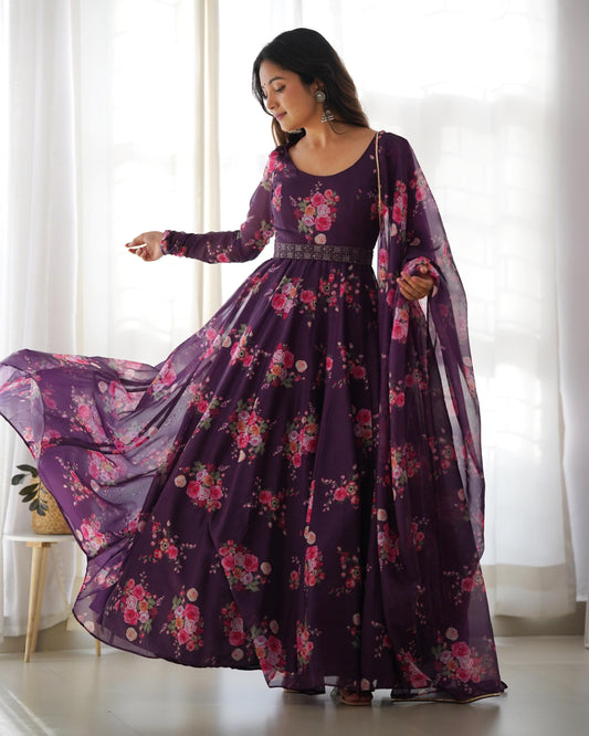 Wine Color Printed Fully Stitched Anarkali Designer Gown