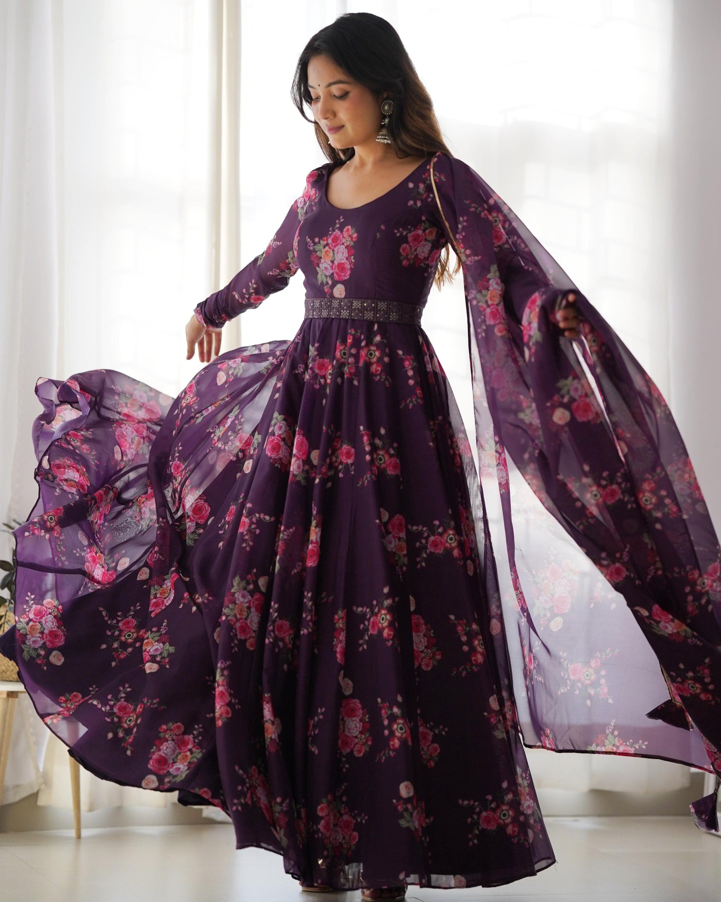 Wine Color Printed Fully Stitched Anarkali Designer Gown