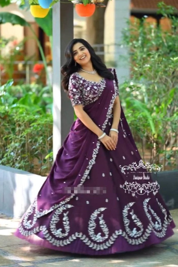 Wine Color Chinon Silk Stitched Choli With Semi Stiched Lehenga