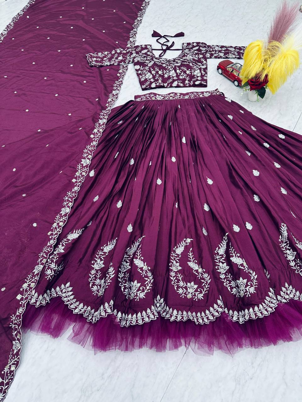 Wine Color Chinon Silk Stitched Choli With Semi Stiched Lehenga