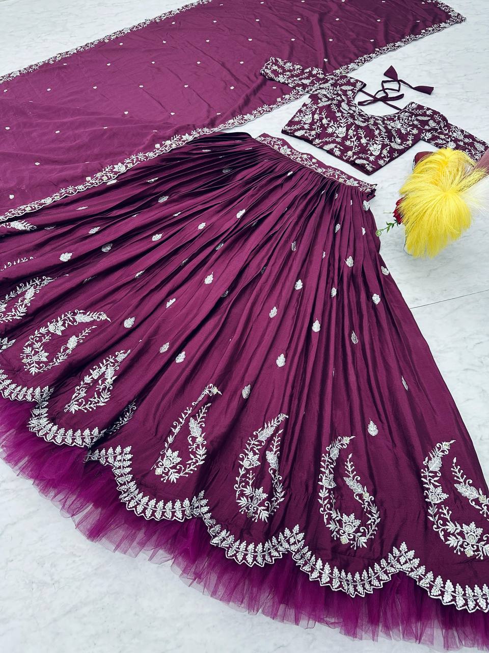 Wine Color Chinon Silk Stitched Choli With Semi Stiched Lehenga