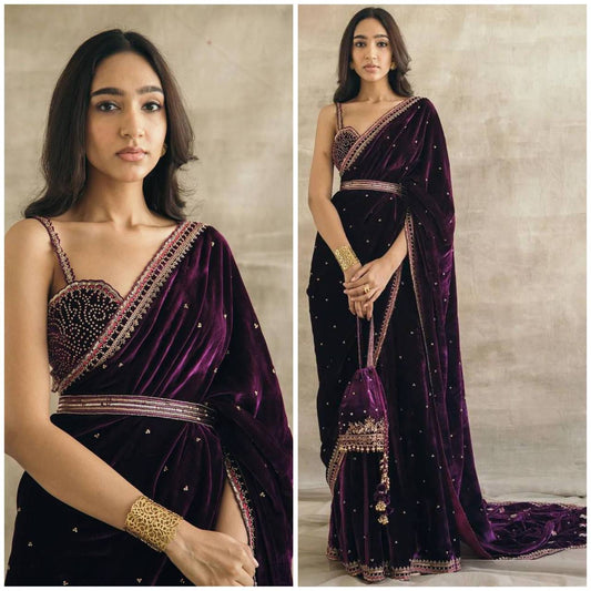 Wine color Velvet Coding Sequence Work Saree with Fabric Form Blouse