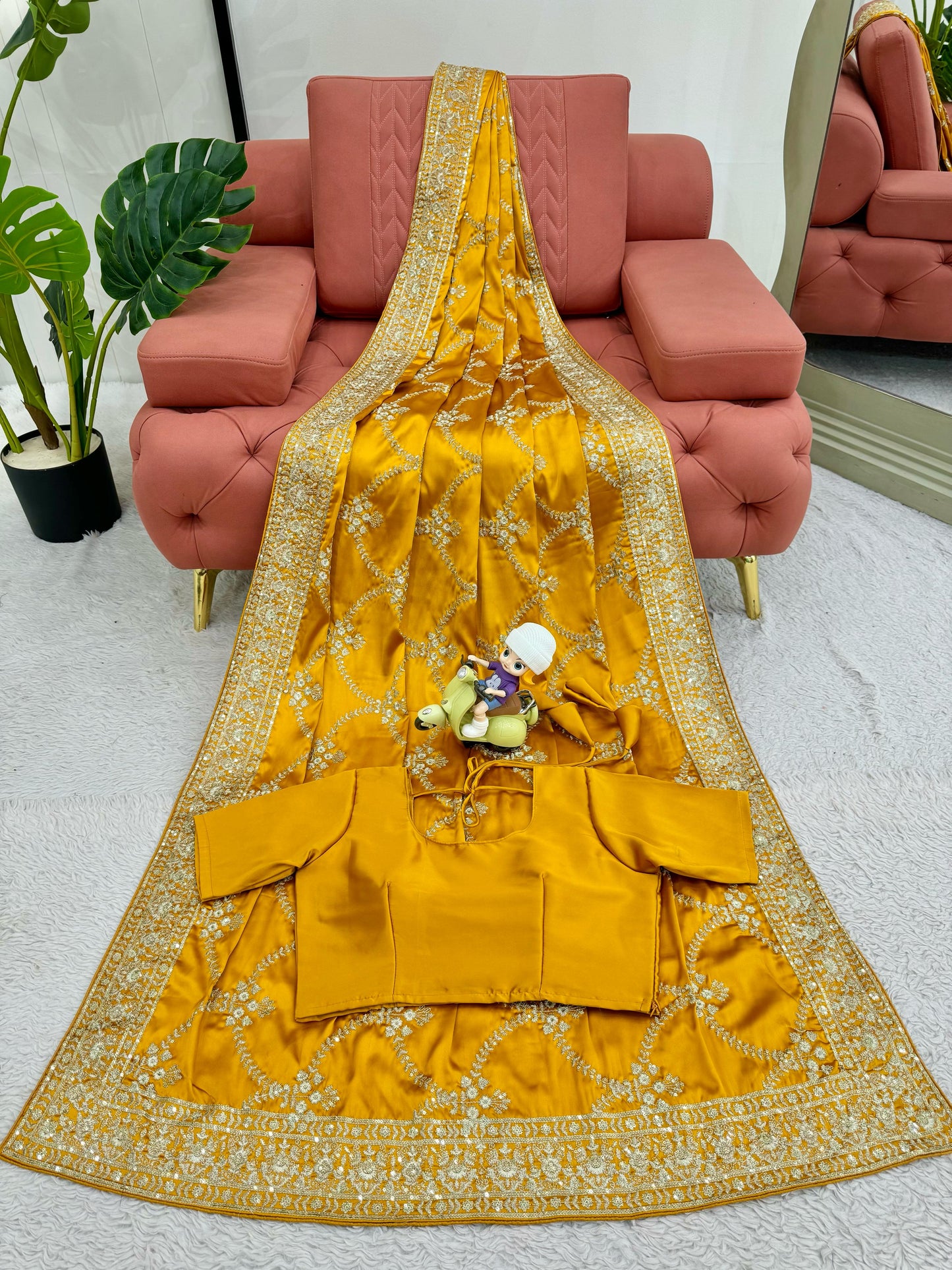 Yellow Color Satin Silk Heavy Embroidered Seqeunce Work Saree