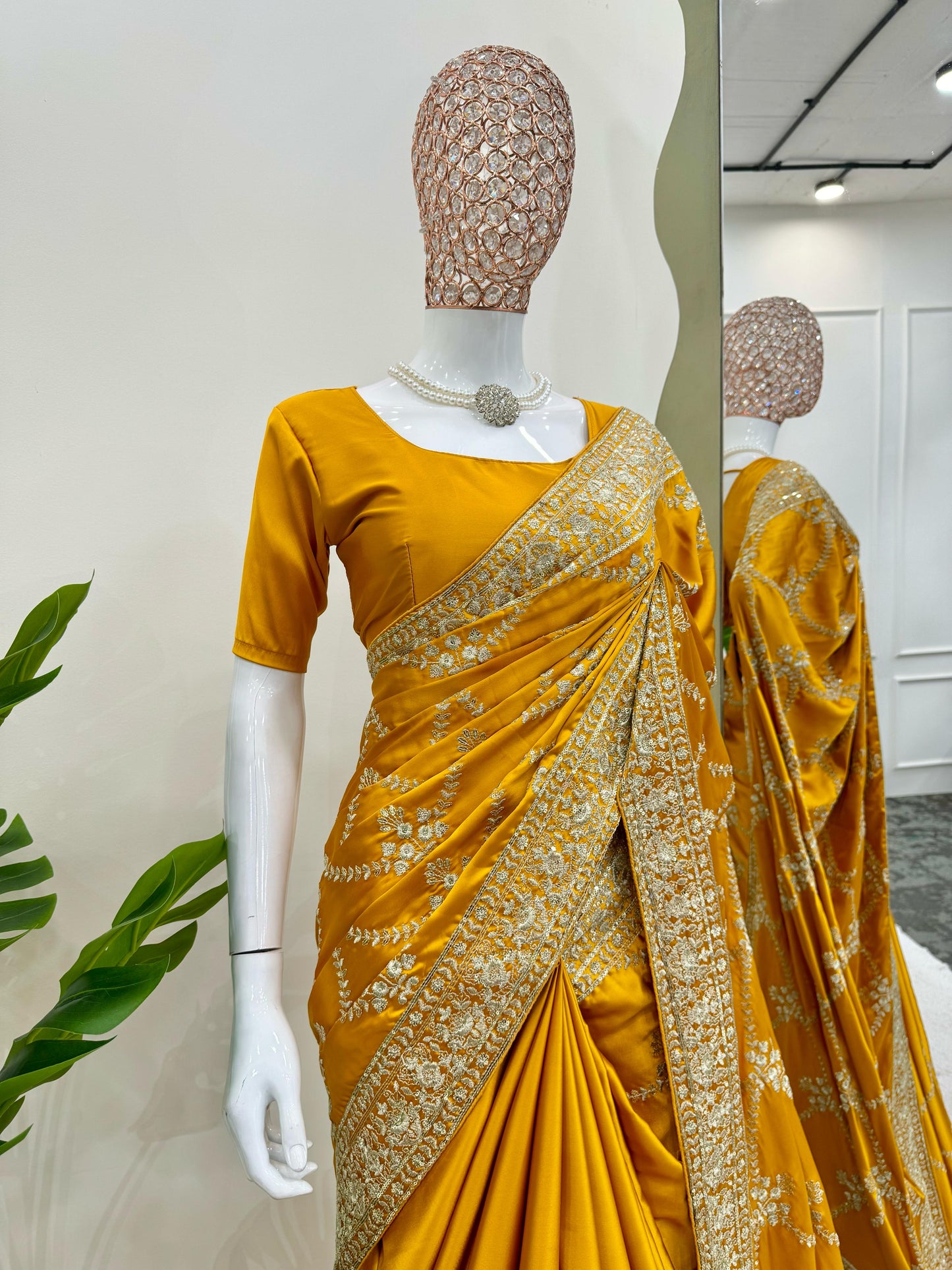 Yellow Color Satin Silk Heavy Embroidered Seqeunce Work Saree