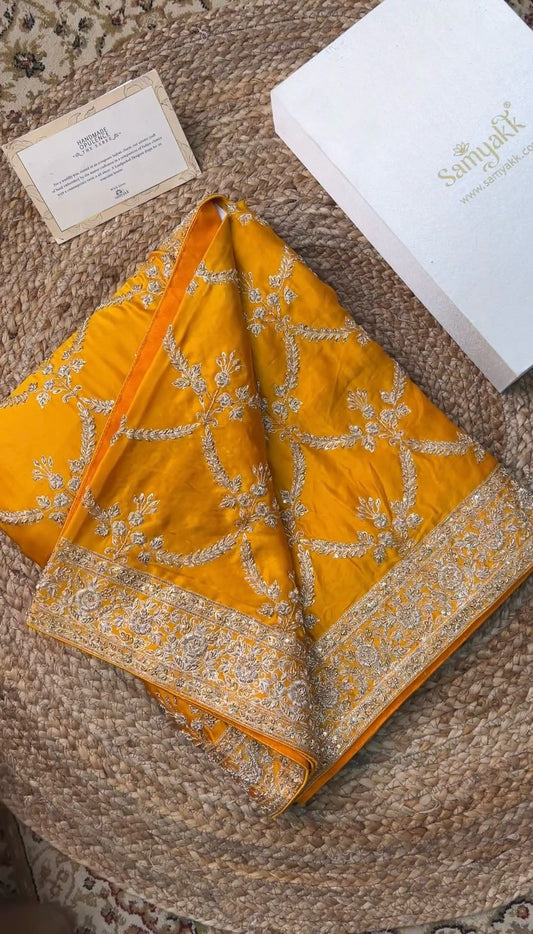 Yellow Color Satin Silk Heavy Embroidered Seqeunce Work Saree