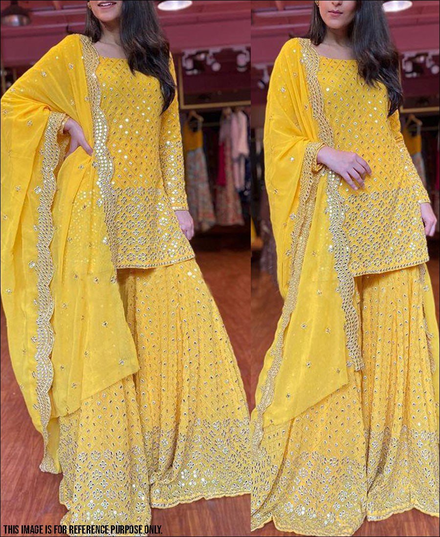 Wedding Wear Designer Georgette Yellow Color Sharara For Haldi Function