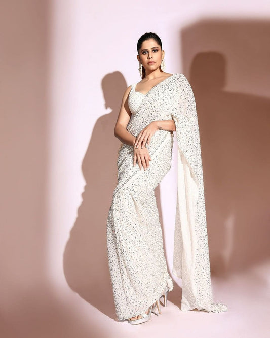 White Georgette Sequence Work Party Wear Saree