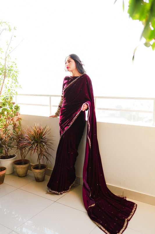 Lovely Wine Color Velvet Designer Saree with heavy Lace For Women