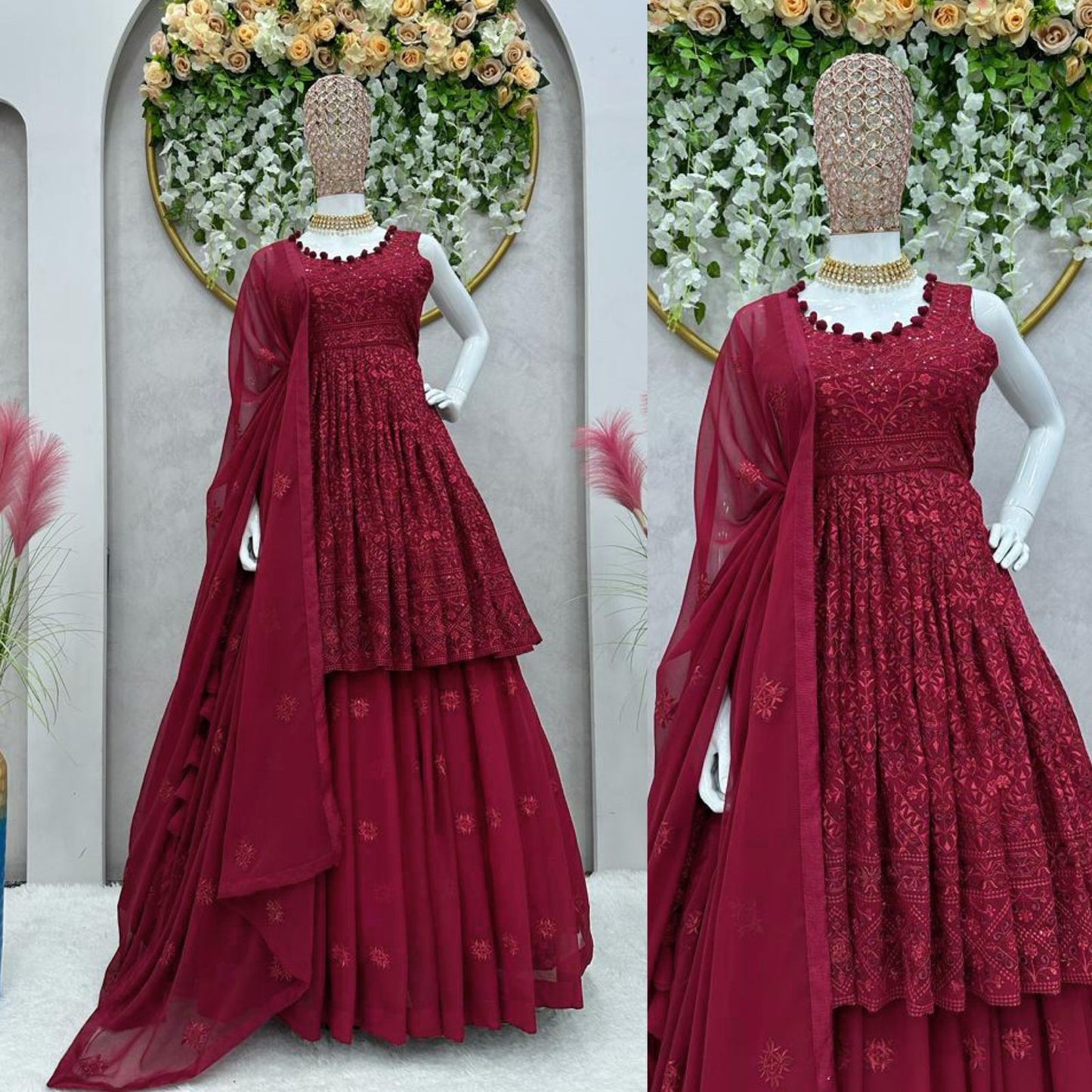 Trending Marron Colour Embroidary And Sequence Work Top Lehenga With Duppta