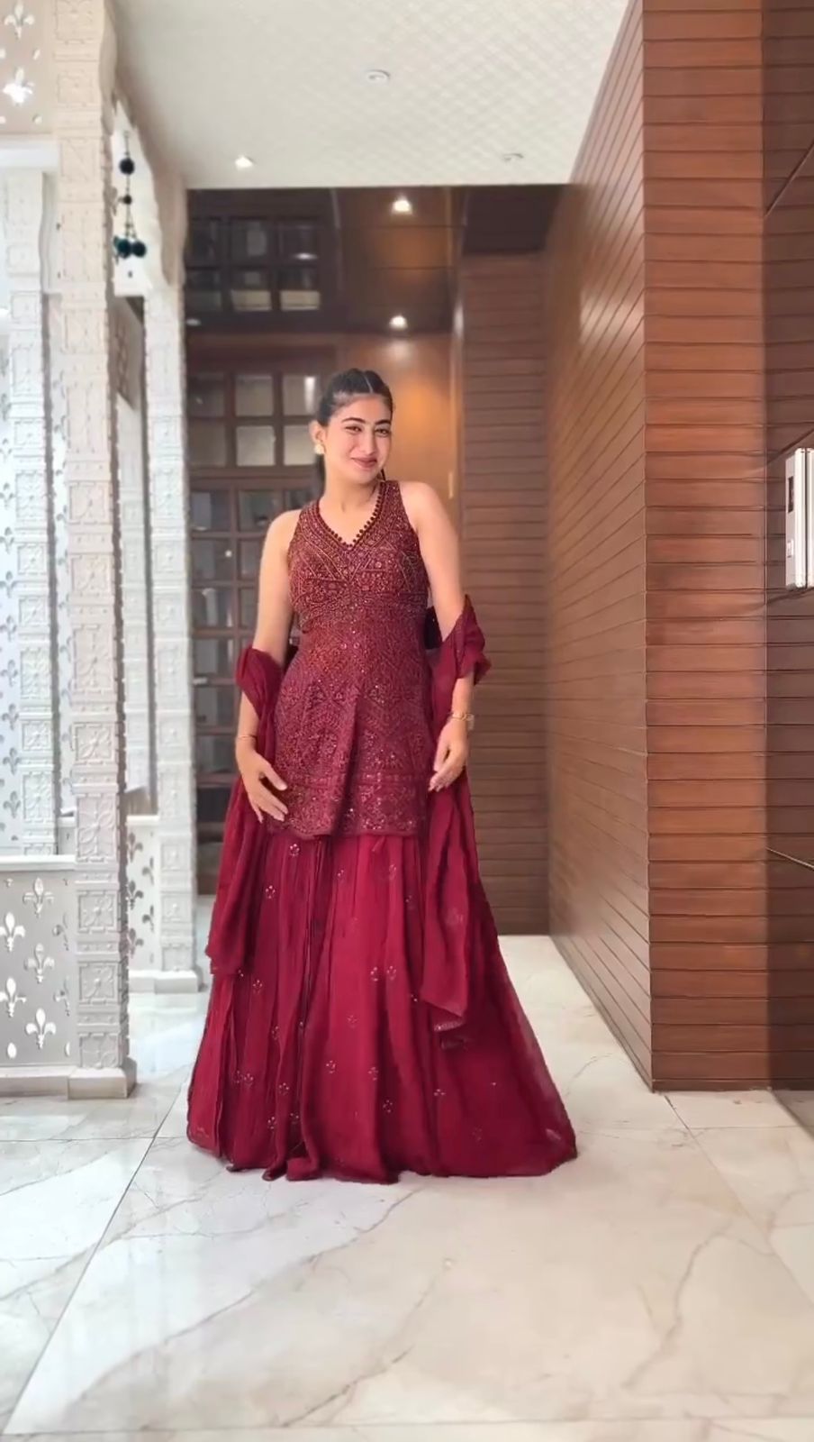 Trending Marron Colour Embroidary And Sequence Work Top Lehenga With Duppta