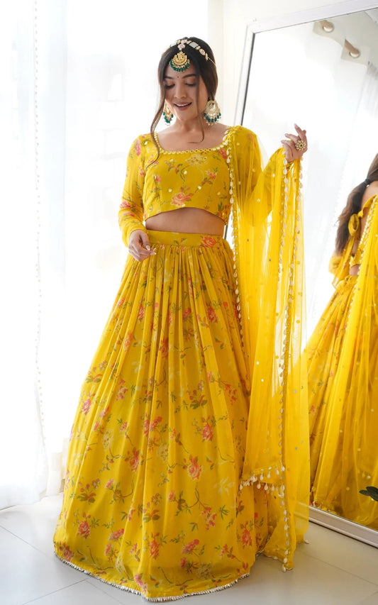 Enticing Yellow Wedding Wear Semi Stitched Georgette Digital Printed Lahengha.