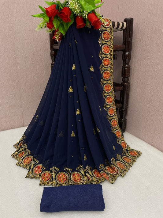 Wedding Wear Designer Heavy Georgette Saree With Embroidery With Hevy Ston Work