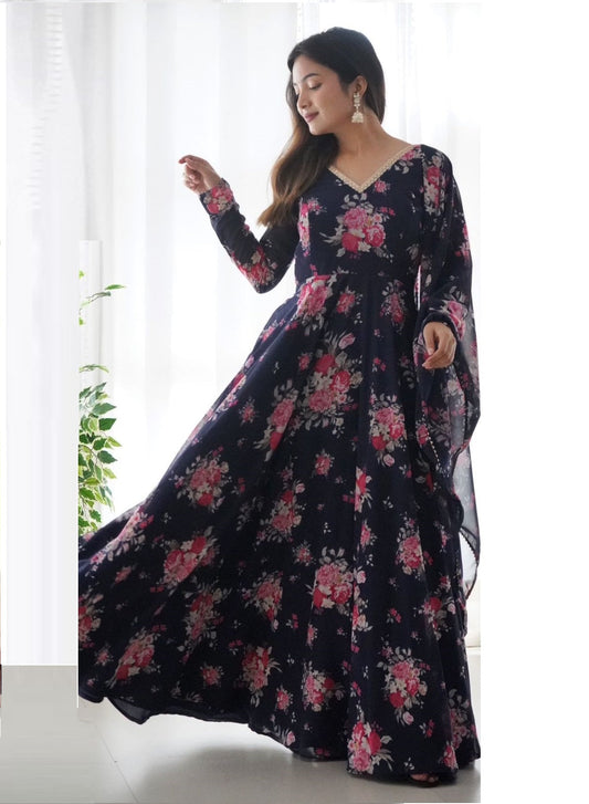 Navy Blue Ready To Wear Printed Anarkali Gown Set