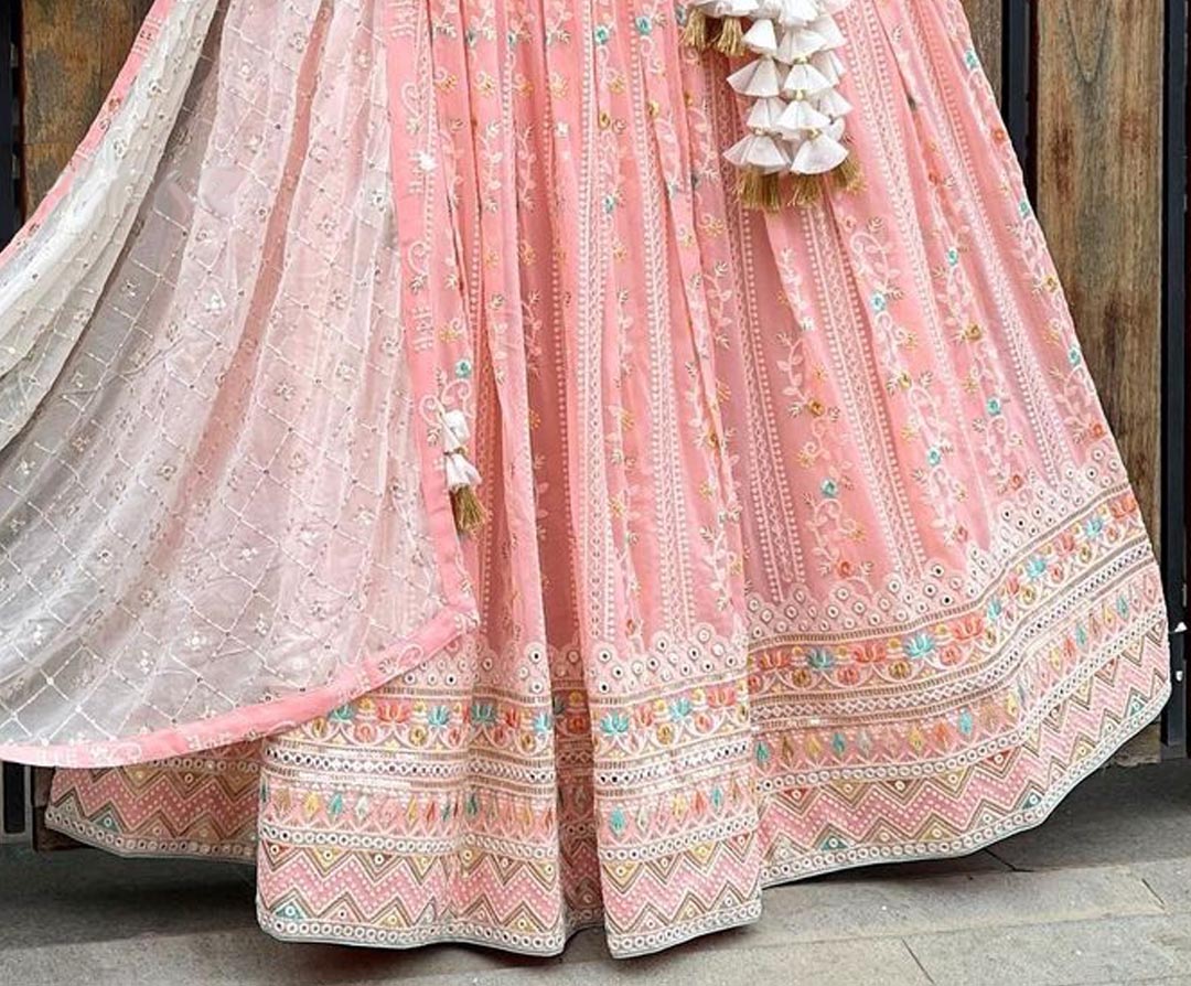 Wedding Wear Peach Color Designer Semi Stitched Lehenga Choli