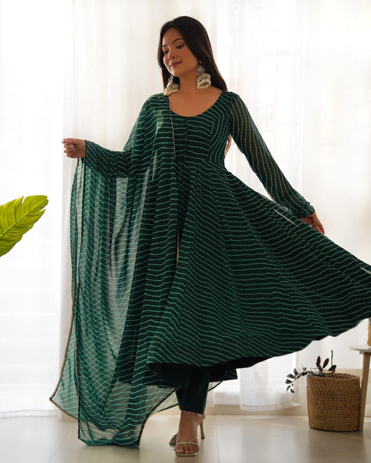 Green Georgette Lehariya Printed Full Stitched Anarkali Gown