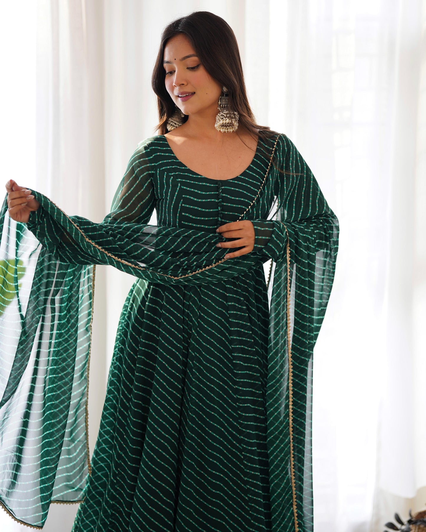 Green Georgette Lehariya Printed Full Stitched Anarkali Gown