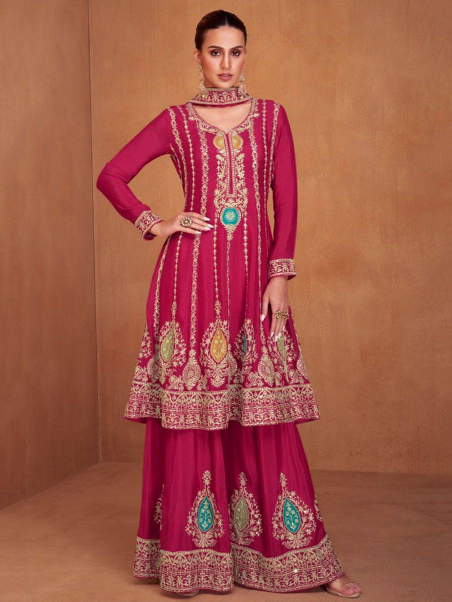 Party Wear Chinon Silk Embroidered Showroom Quality Suit