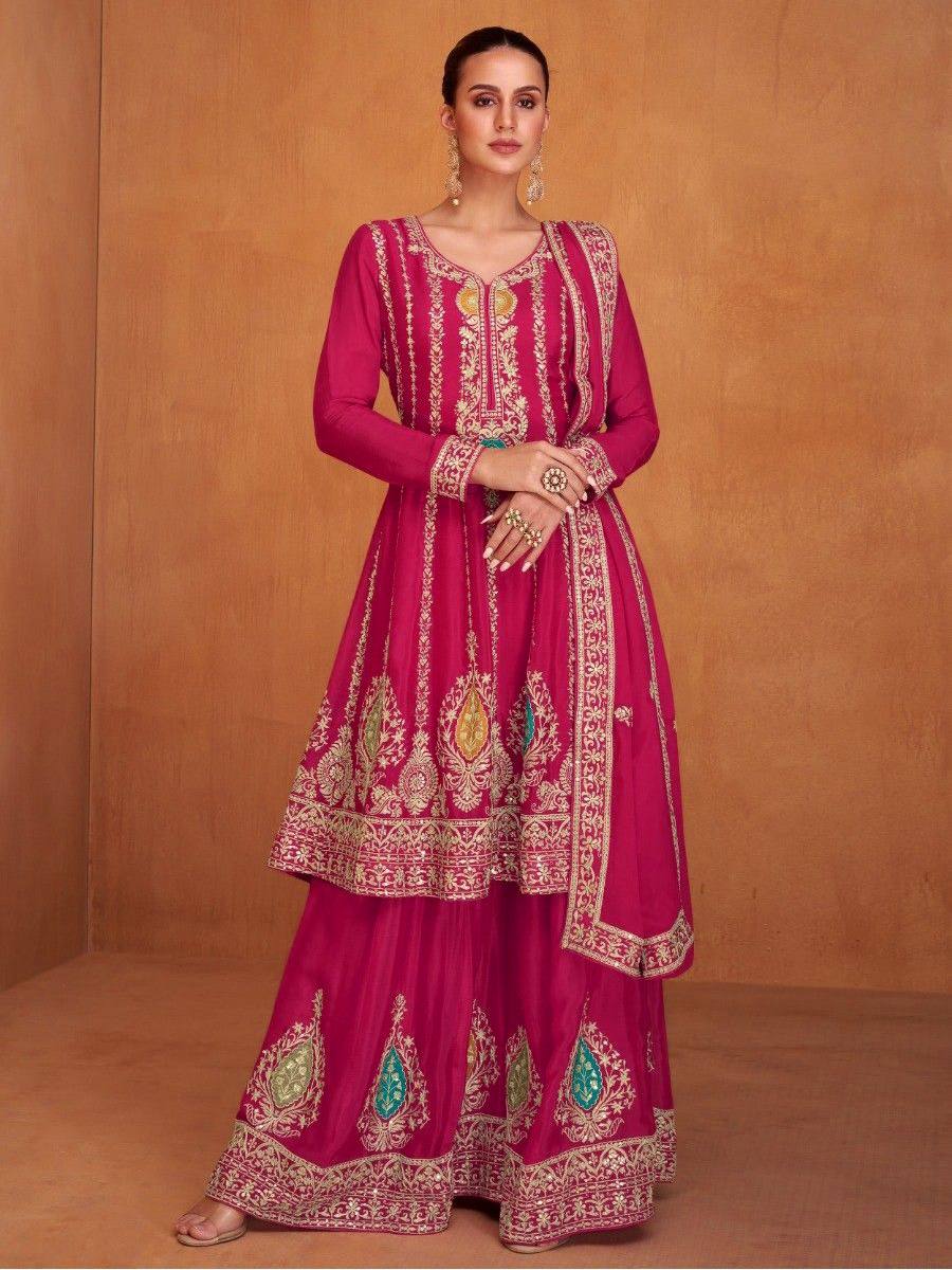 Party Wear Chinon Silk Embroidered Showroom Quality Suit
