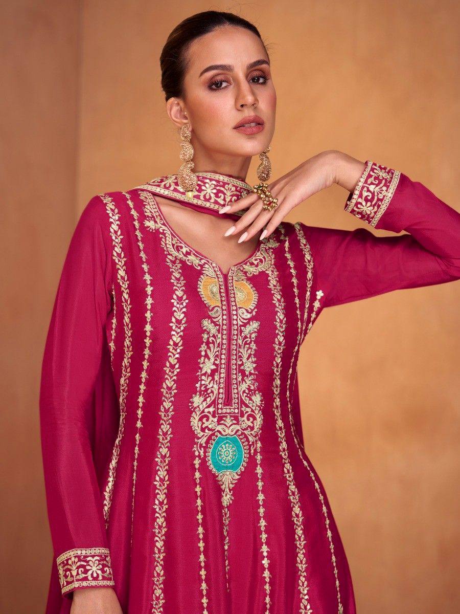 Party Wear Chinon Silk Embroidered Showroom Quality Suit