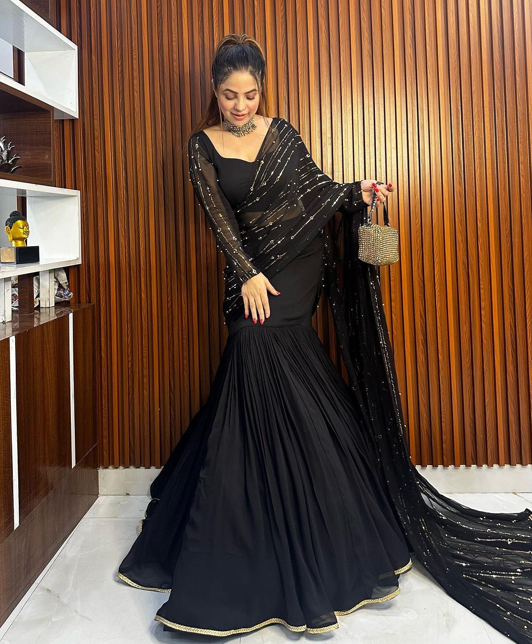 Stylish Faux Georgette Pure Black Semi Stitched Lehenga Saree