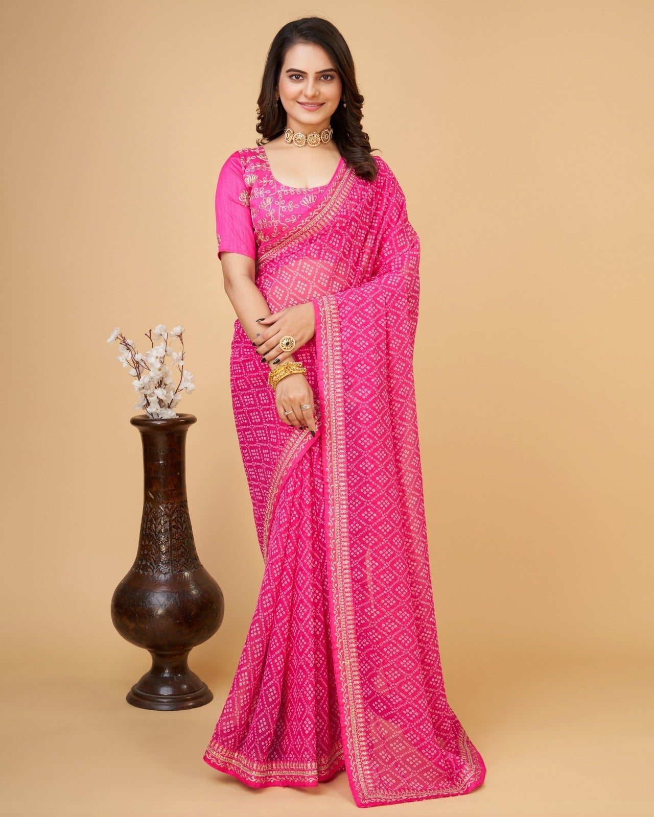 Beautiful Bandhni print with Zari Embroidery work lace Saree