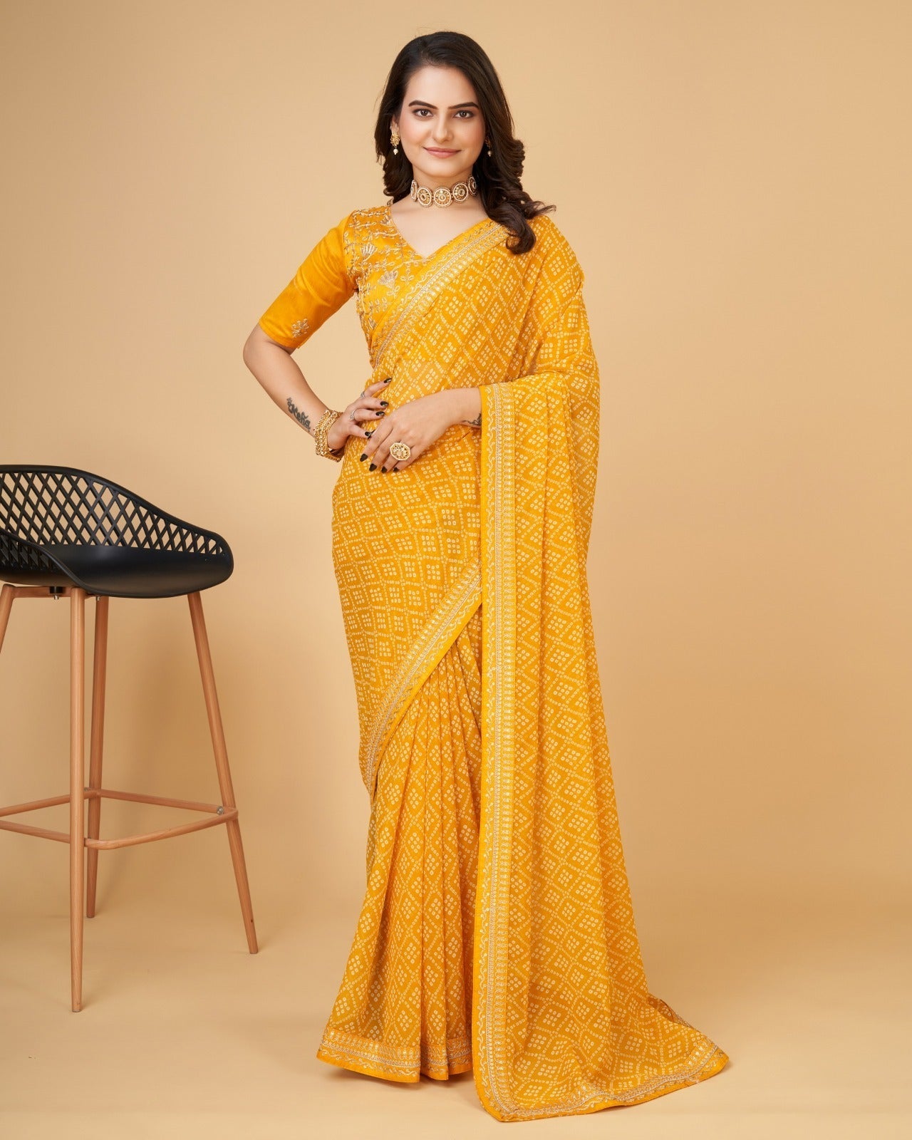 Beautiful Bandhni print with Zari Embroidery work lace Saree