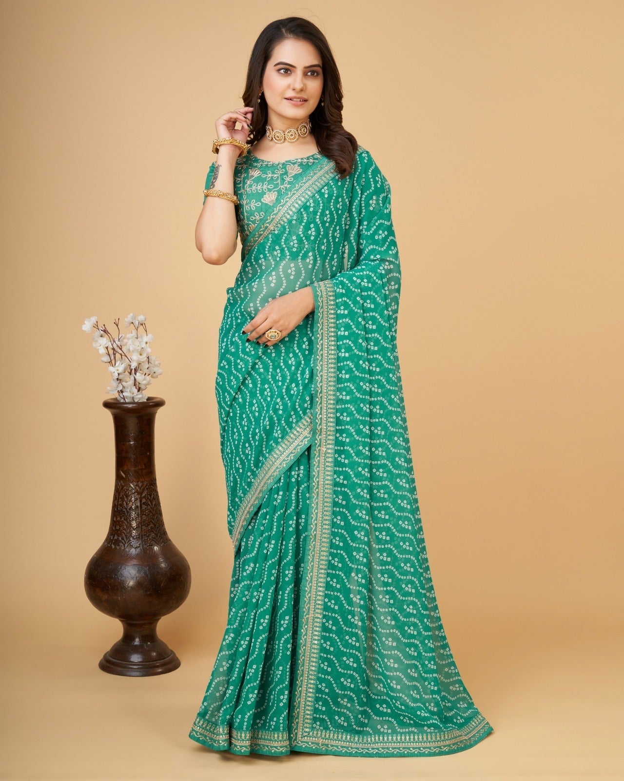 Beautiful Bandhni print with Zari Embroidery work lace Saree