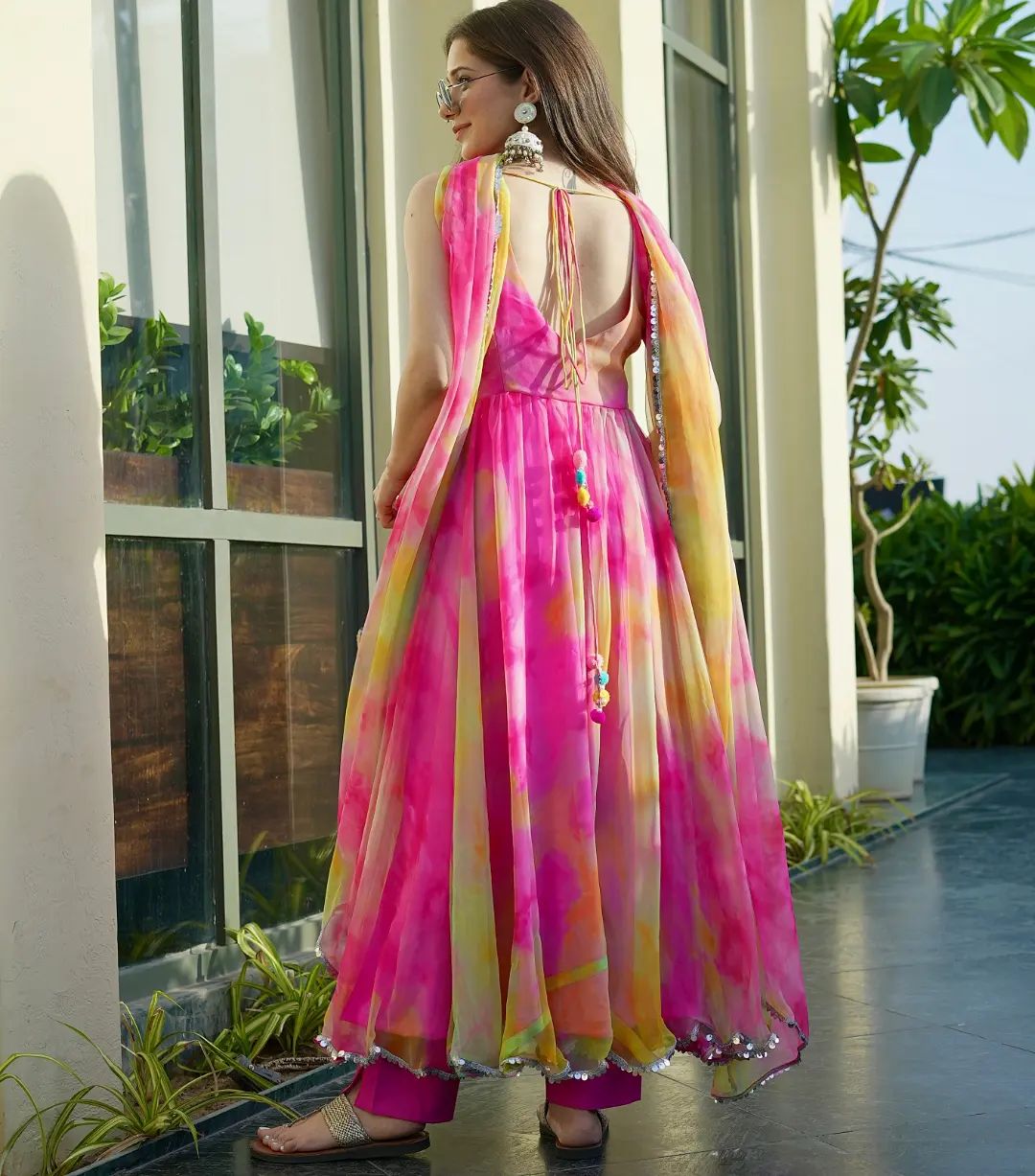 Designer Organza Silk Printed Readymade Anarkali Gown